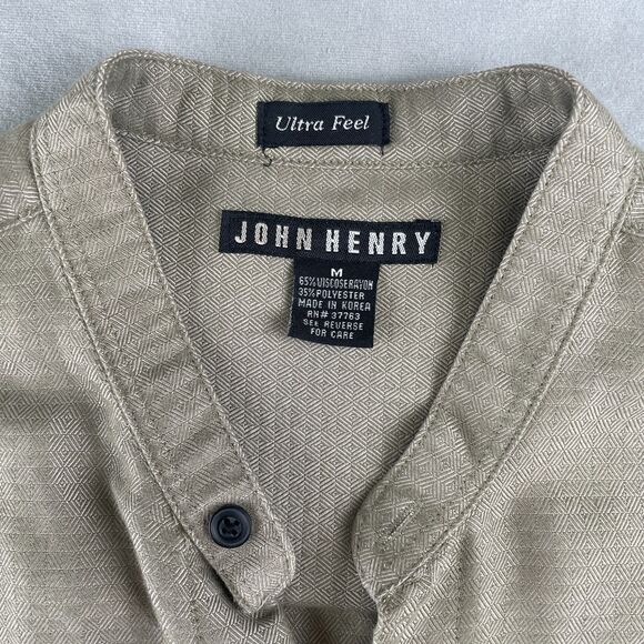 VTG John Henry Shirt Mens M Khaki Ultra Feel Band Collar Long Sleeve Textured - Picture 8 of 8